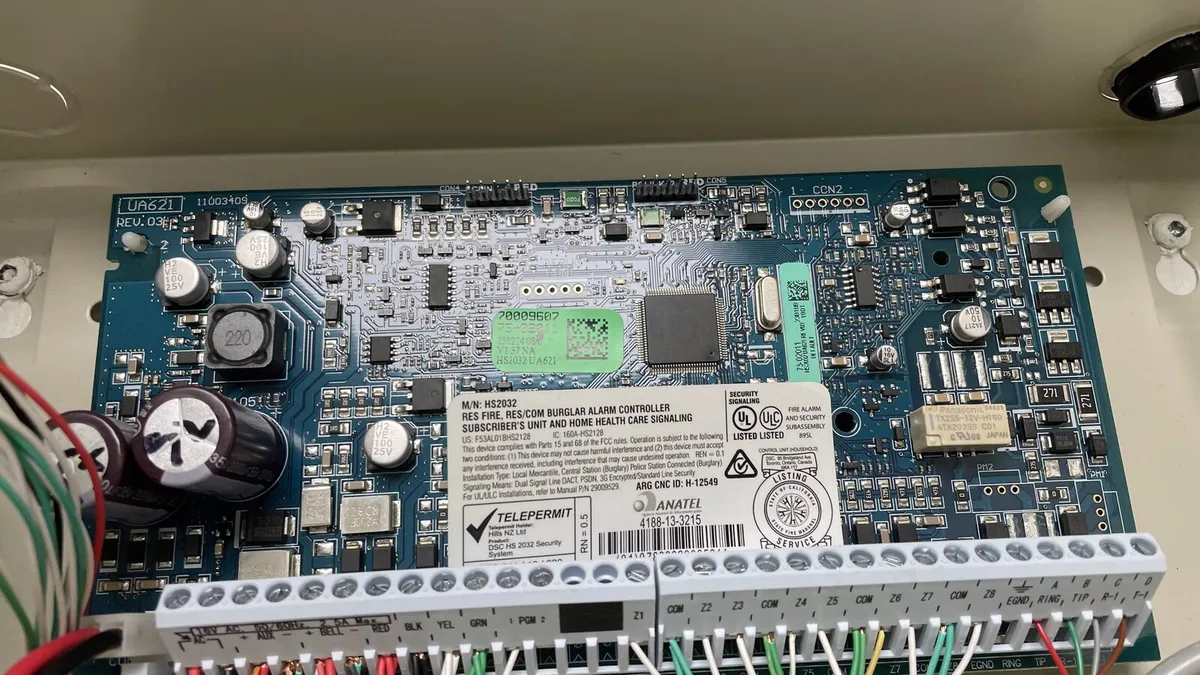 Alarm control panel wiring inside the enclosure
