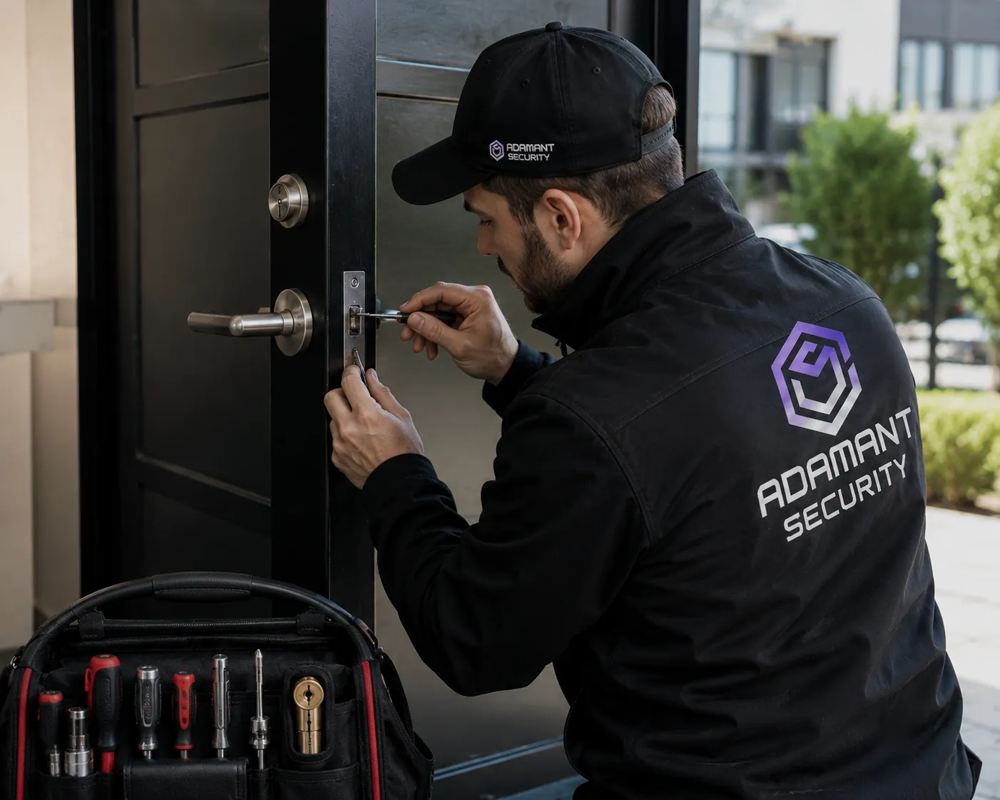 Professional locksmith installing commercial door lock hardware