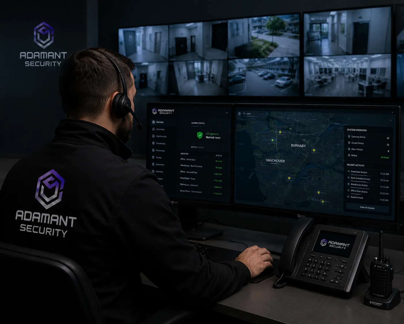Security monitoring dashboard with alarm and camera system alerts