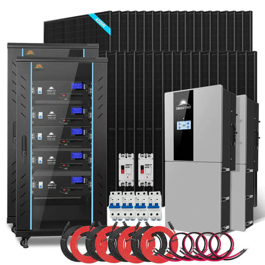 Hybrid solar kit with panels, inverter and battery cabinet