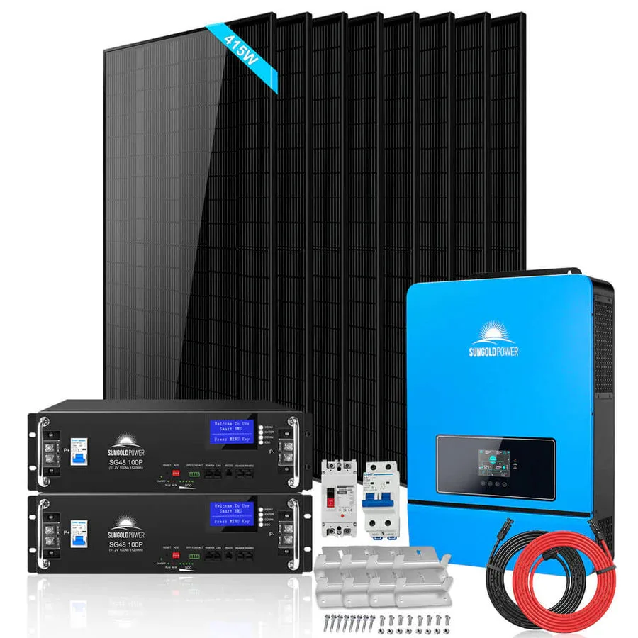 Off-grid solar kit with panels, inverter and rack batteries